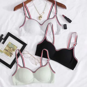 Women Wireless Ribbed Bra Striped Straps Sporty Seamless Bralette Modal Breathable Thin Cup Lingerie For Women