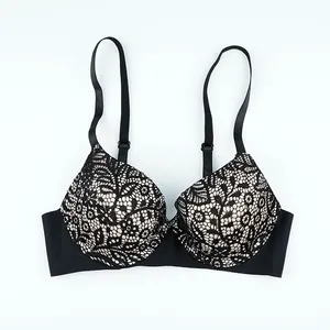 Lace bra for women with floral black lace overlay and adjustable straps in a classic black color