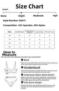 Detailed size chart for women's wireless bra with nylon and spandex fabric measurements