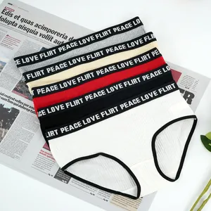 Women's Sexy Ribbed Cotton Briefs Mid-Waist Panties With Letter Print Waistband Peace Love Flirt Sporty Underwear