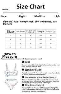 Lace bra size chart detailing measurements for S-XL including bust and fabric composition