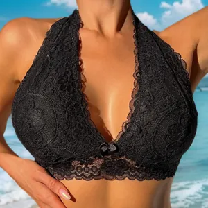 Sexy black lace halter bralette with V-neck and floral pattern for summer beach wear