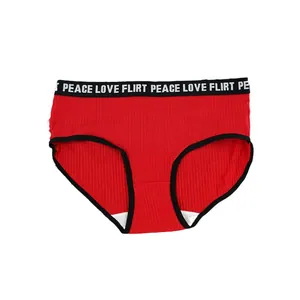 Red ribbed cotton panties with wide black elastic waist band featuring white text logo