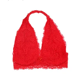 Vibrant red floral lace halter bralette with deep V-neck and delicate bow detail