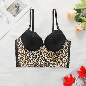 Bralette sexy con stampa leopardata e pizzo nero con spalline regolabili da donna