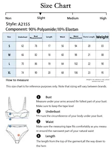 Detailed size chart for lace lingerie set including bust and waist measurements