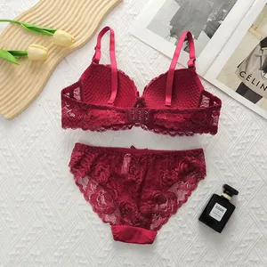 Elegant wine red lace lingerie set with push-up underwired bra and matching panties