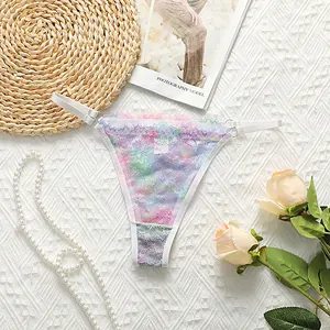 Detailed close-up of macaron color floral lace with adjustable white side straps