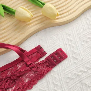Detail of burgundy lace bra showing double hook back closure and adjustable straps