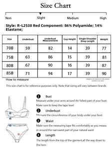 Detailed size chart for lace push up bra with measurements in centimeters and fabric info