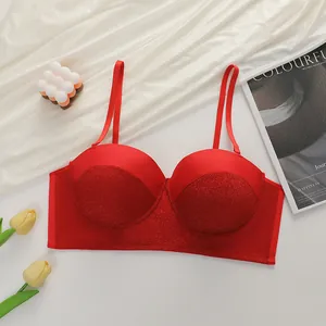 Red sequined lace push-up bralette for women with shimmering fabric and wide underband