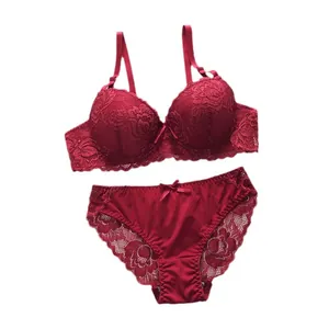 Sexy burgundy lace lingerie set featuring an underwire push-up bra and matching panties