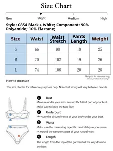 Size chart for lace thongs showing measurements for sizes S to L in Polyamide and Elastane