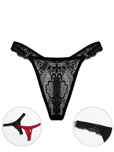Detailed view of floral lace texture and metal ring buckle on sexy thong underwear