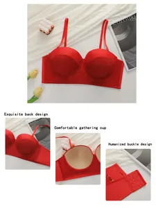Detail of red push-up lace bra showing four-row back closure and shiny fabric texture