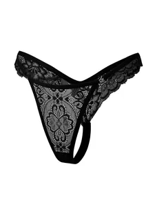 Close-up of black floral lace fabric and detail on women's low-waist thong