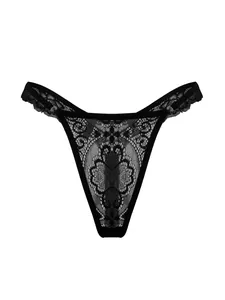 Detail of delicate floral lace pattern and scalloped edges on black sexy thong