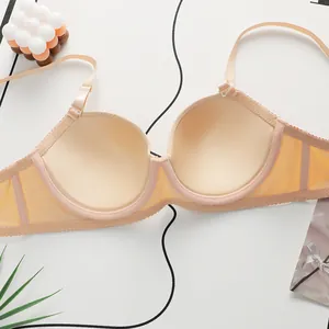 Detail of light apricot lace bra with underwire support and sheer mesh side wings