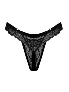 Detailed macro view of floral lace texture and silver metal ring on black thong underwear