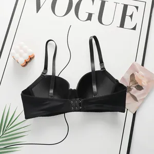Detailed back view of black satin lace bra featuring adjustable straps and 3-row hook eye closure