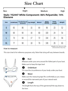 Tableau des tailles détaillé pour ensemble lingerie en dentelle blanche avec mesures