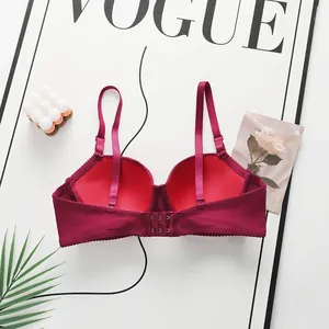 Detail of the back of a burgundy seamless bra with adjustable straps and hook closure