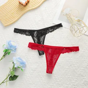 Women's Sexy Lace Thong Breathable Low Waist T-Back Panties With Metal Ring Detail Cotton Crotch G-String Lingerie