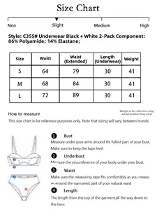 Tableau des tailles détaillé pour culottes en dentelle avec mesures de taille et poids
