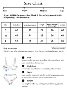 Size chart for seamless sports bra with underbust and strap length measurements