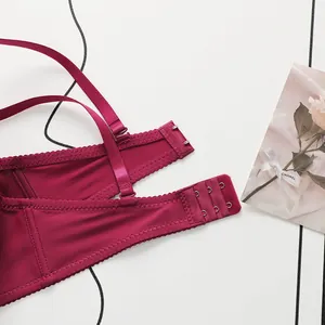 Detail of burgundy lace bra showing the three-row hook-and-eye back closure and satin straps