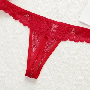 Red lace thong for women with stylish transparent floral waistband and cotton crotch