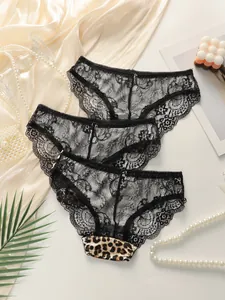 Three-piece set of black lace panties with leopard print details and floral embroidery
