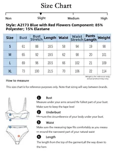 Size guide for floral lingerie set showing S to XL measurements and fit guidelines