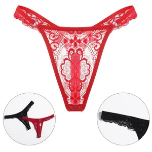 Red lace thong for women with floral texture and elegant silver metal ring details