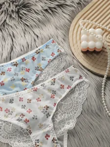 Dettaglio di slip in pizzo azzurro e bianco con stampa a farfalla e rete trasparente