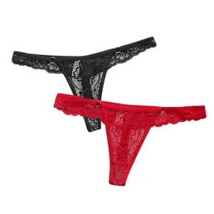 Elegant floral lace G-string thong set in black and red with delicate metal rings