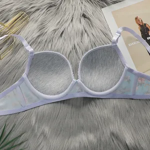 Detailed close-up of light purple lace bra with floral straps and steel underwire support