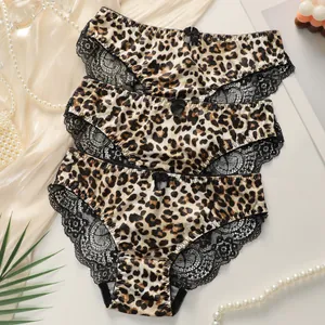 Women's Sexy Leopard Print Lace Trim Panties Seamless Breathable Polyamide Mid Waist Underwear With Bow Decorative Briefs