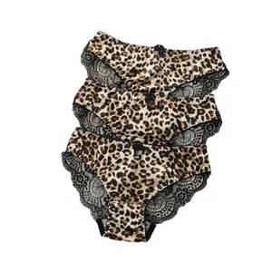 Three-pack leopard print seamless panties with black lace trim and bow accents