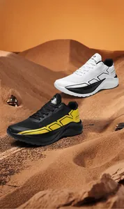 Detailed view of breathable mesh upper and thick cushioned sole on men's running shoes
