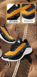 Detail showing orange breathable mesh upper and TPU seamless frame on outdoor climbing shoes