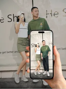 Creative phone screen view of couple wearing olive pizza tee and white polo with cargo skirt