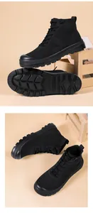Detail view of black high-top knit sneakers featuring breathable mesh and non-slip soles