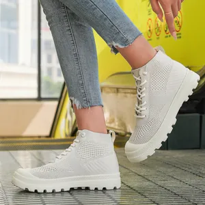 White high-top mesh knit sneaker with breathable sock-style fit and thick anti-slip sole