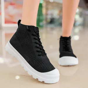 Men and women breathable black knit high-top sneakers with white thick anti-slip soles