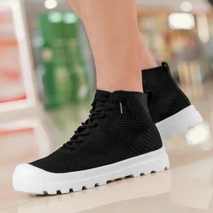 Men's high-top breathable knit sneakers with thick white anti-slip rubber soles