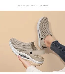Detailed view of women's breathable mesh platform sandals with air cushion sole and strap