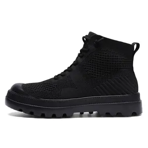 All-black high-top breathable knit sports shoes with durable non-slip rubber soles