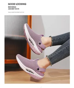 Detail of purple breathable mesh mule sandals with cushioned air bubble sole on model