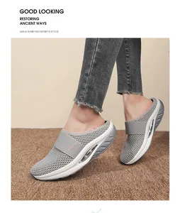 Close-up of gray mesh mule sneakers with breathable fabric and cushioned wedge sole
